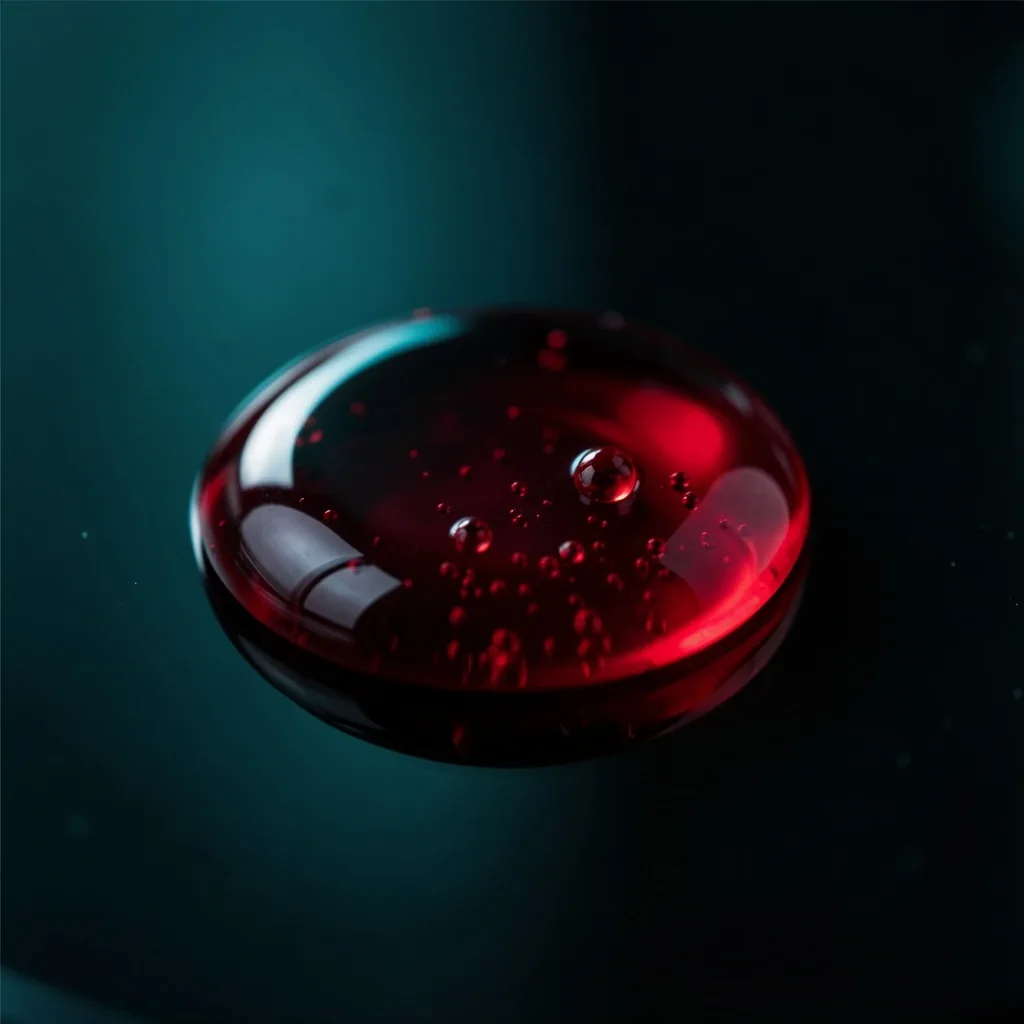 Red vitamin B12 drops on dark glass