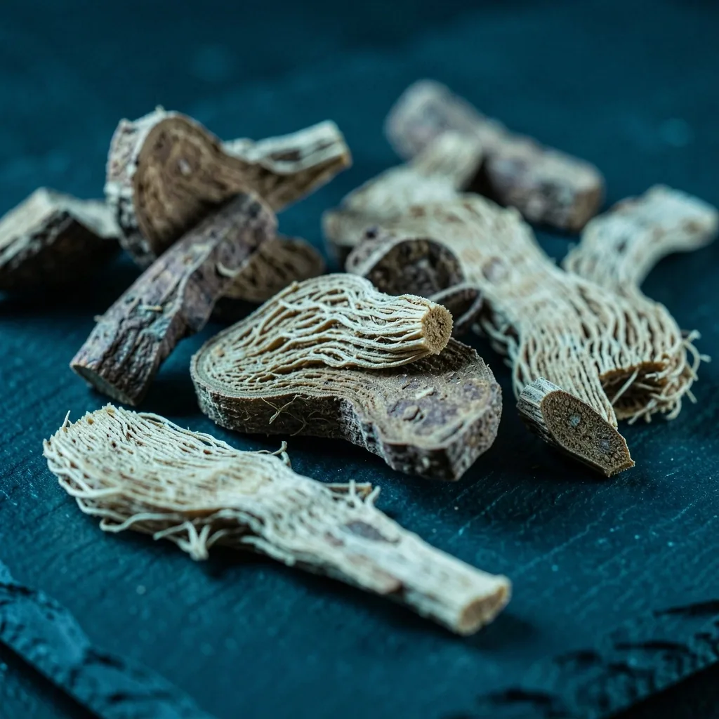 Dried botanical root material on a dark surface