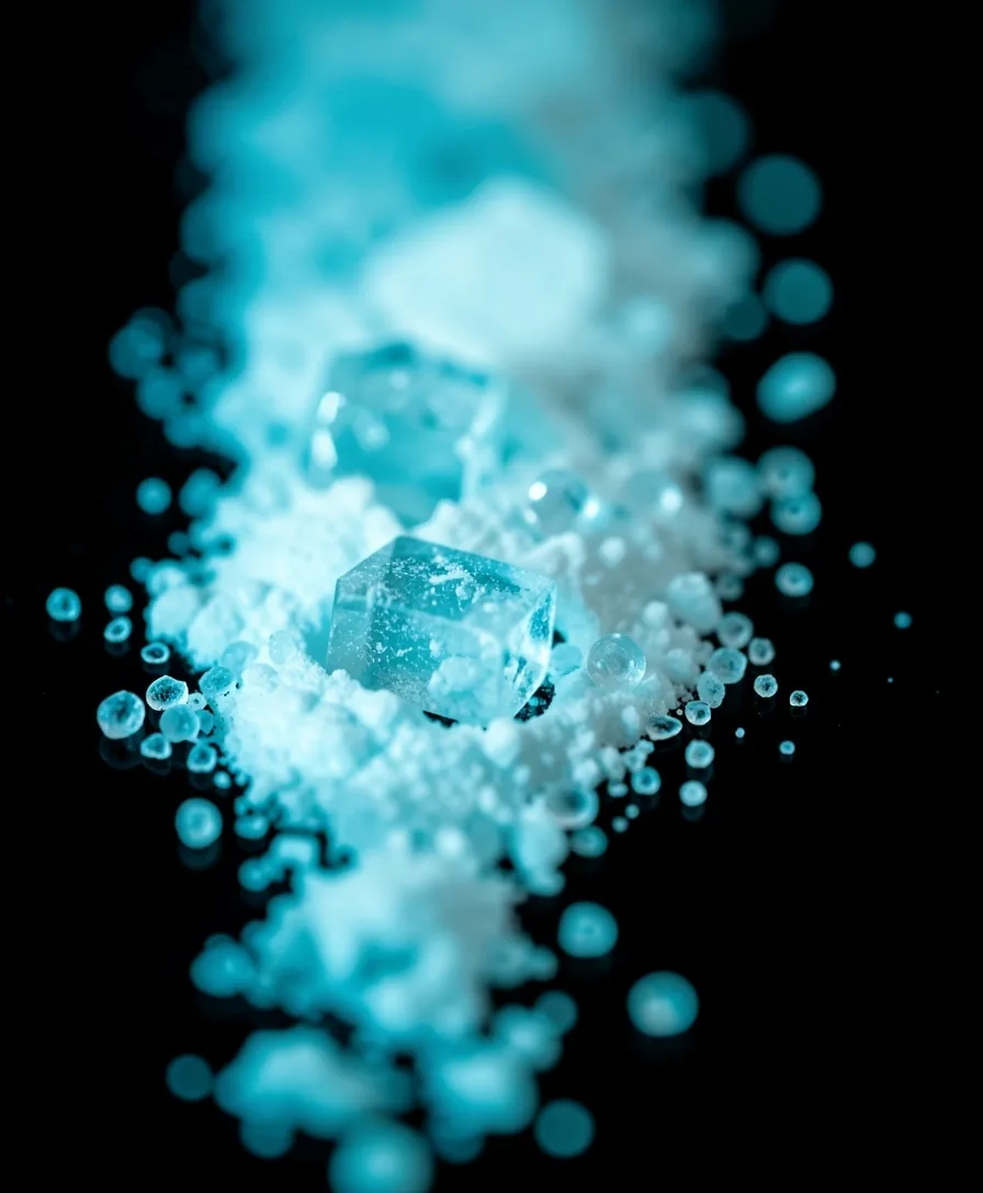 Macro view of crystalline supplement powder on a dark surface